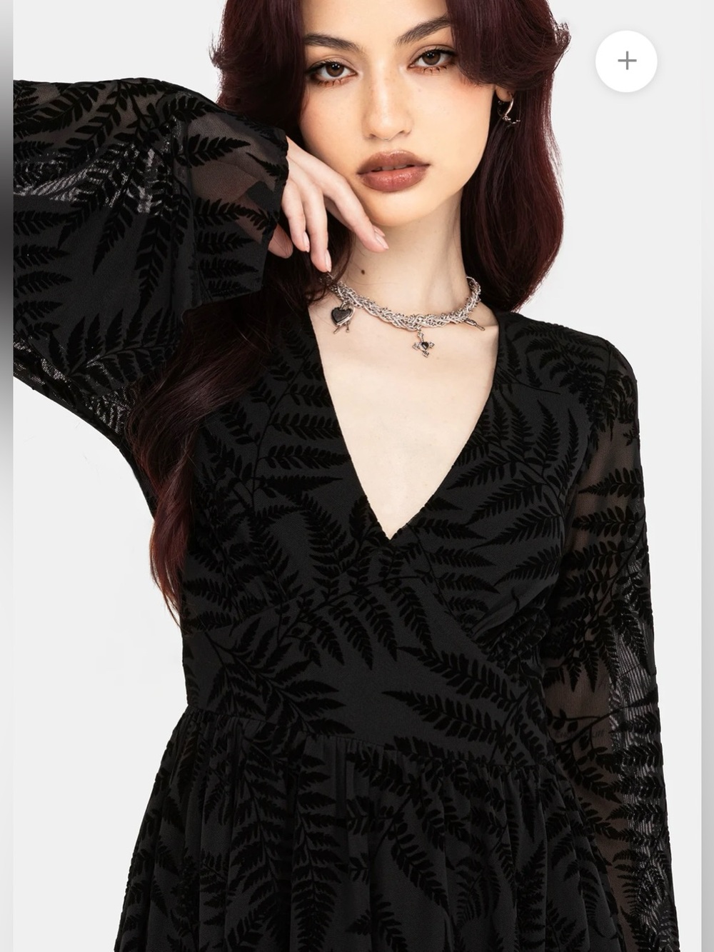 NWT Disturbia Lunafern Fern Leaf Flocked Mesh Flute Sleeve Black Mini Dress Sz 6 - Picture 5 of 13